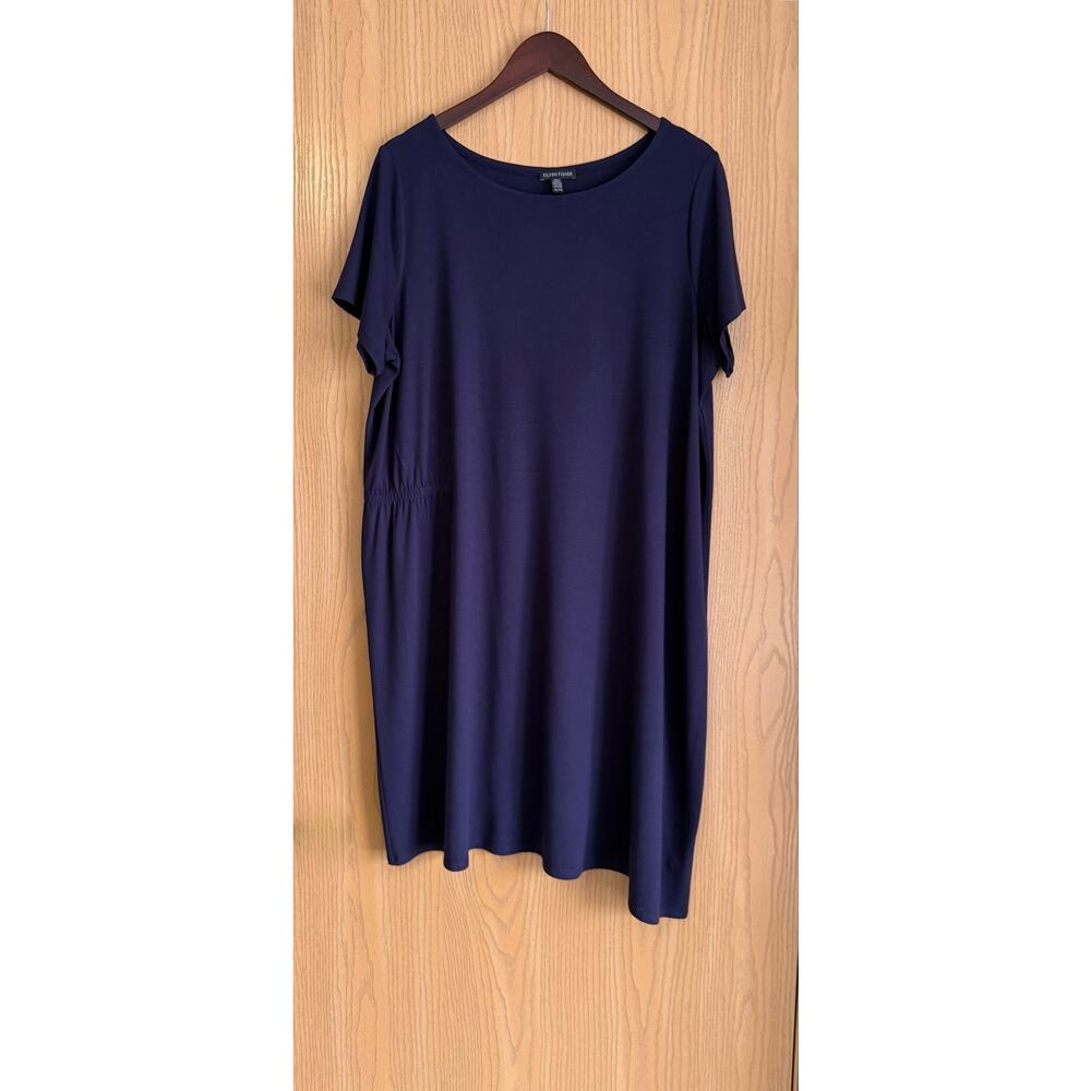 Eileen Fisher | SZ XL | Navy Short Sleeve Viscose Jersey Asymmetrical Hem Dress